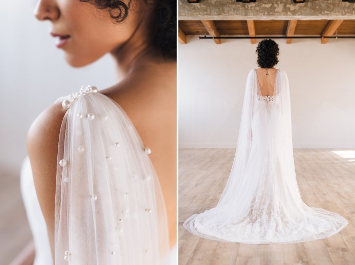 Wedding dress with cape veil